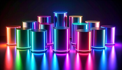 Cluster of vertical cylinders in varied heights glowing in neon shades of blue, pink, and purple