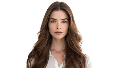Title: Confident Woman with Long Brown Hair Standing in Front of Camera Isolated on White Background