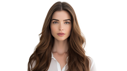 Title: Confident Woman with Long Brown Hair Standing in Front of Camera Isolated on White Background