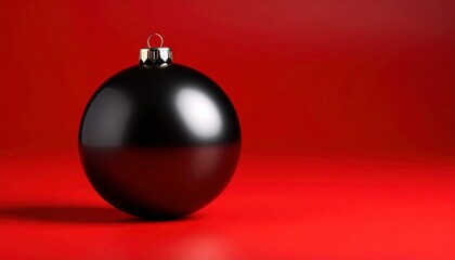 Single glossy black sphere centered against a rich red background, creating stark visual tension