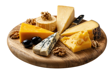 Assorted cheeses on a wooden board, featuring wedges of hard and soft cheeses, with walnuts and olives. A knife rests on the board