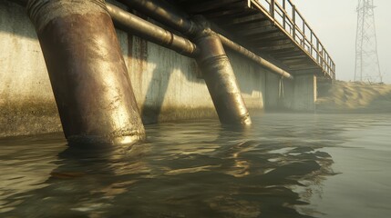 Industrial Pipes Under Bridge Over Water With Misty Background