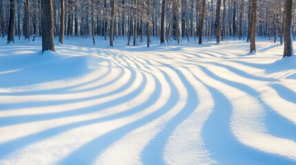 Snowy Landscape with Gentle Patterns and Sunlight Through Trees