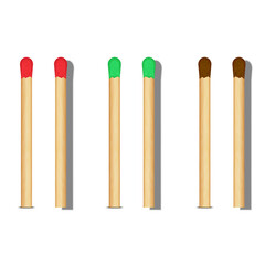 Wooden matchsticks with colorful heads in red, green, and brown isolated on white background realistic 3d match vector objects in the row.