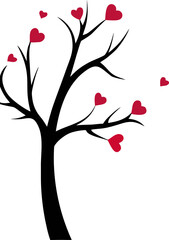 A stylized black tree with red heart shaped leaves and floating hearts forming a larger heart shape