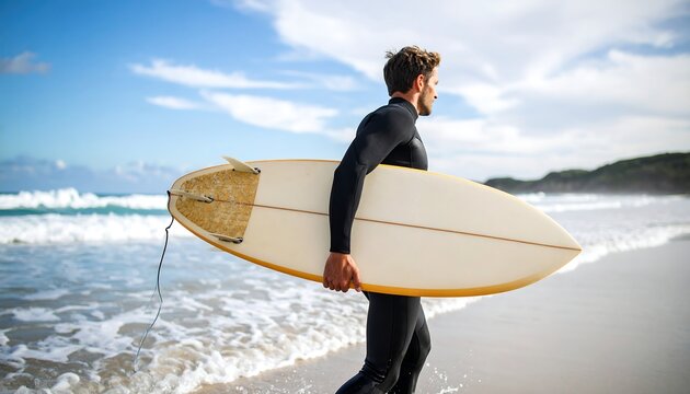 Surfer in Black Wetsuit Carrying Surfboard on Sunny Beach