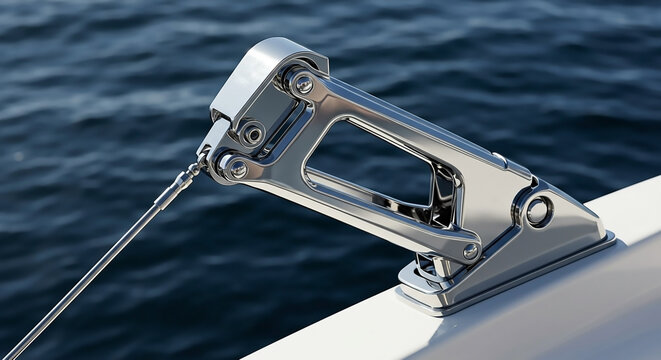 Close-up of a precision engineered stainless steel davit arm mechanism on a luxury yacht, showcasing high-quality marine hardware against the open sea.