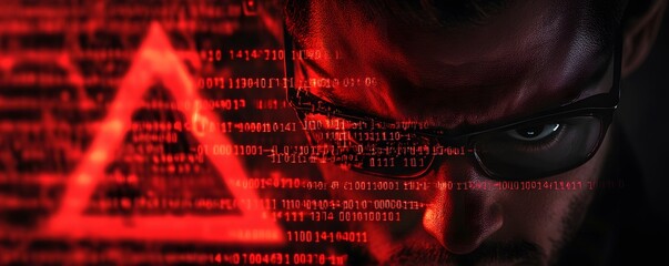 A close-up image of a hacker immersed in digital code, highlighted by red lights, conveying themes of cybersecurity and technology advancement.