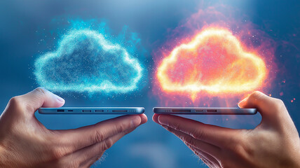 Cloud computing concept with two hands holding smartphones and glowing cloud icons in blue and orange colors, symbolizing digital data exchange and technology innovation