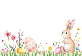 Fototapeta premium Pastel Easter sale banners, cards & posters Minimalist design with hand-painted plants, eggs, bunny, dots & trendy typography, texture, pastel background