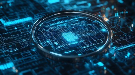 A close-up view of a futuristic digital circuit board, showcasing intricate patterns and glowing elements. This image represents advancement in technology and digital innovation.