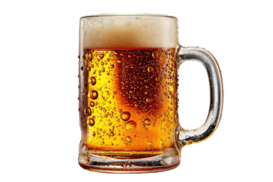 Frothy light beer in a glass mug