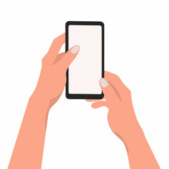 Close up of two hands holding a modern smartphone with a blank white screen