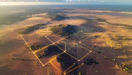 Aerial View of Desert Landscape with Glowing Network Overlay, Data Connection.