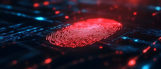 A futuristic digital fingerprint displayed against a backdrop of glowing circuit patterns, symbolizing cybersecurity and the importance of biometric identification.