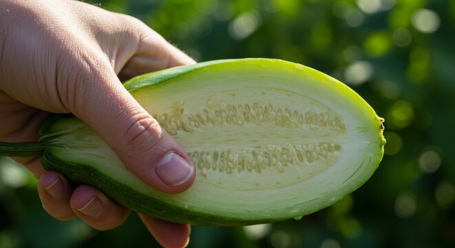 A person's hand holding a cut zucchini, displaying the seeds and internal flesh, with a blurred green background. - Powered by Adobe