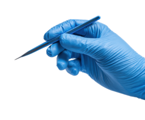 Precision surgery tool held by a gloved hand in a clinical setting