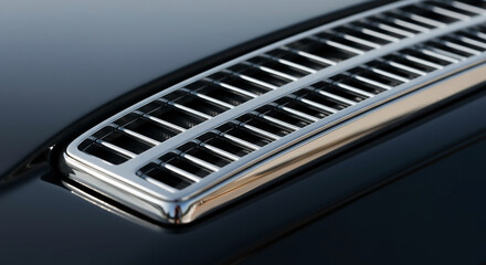 A detailed close-up of a polished chrome air vent grille on the dark surface of a luxury automobile or sleek modern yacht.