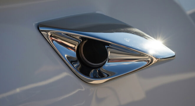 Close-up of a gleaming, polished stainless steel hawse pipe on the white hull of a luxury yacht, reflecting the bright sunlight.