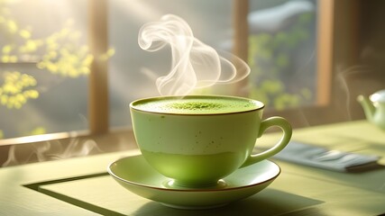 Steaming hot matcha in a ceramic cup with saucer, placed on a wooden table near a sunlit window. Minimalist, calm morning vibe. Ideal for tea, wellness, or Japanese lifestyle concepts.