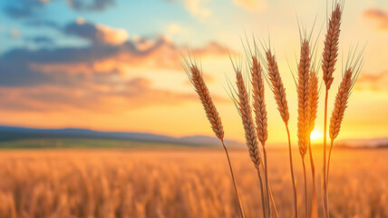 Fototapeta premium Golden wheat field with ripe grain heads glowing in warm sunset light, peaceful rural landscape with soft clouds and distant hills creating calm and natural atmosphere