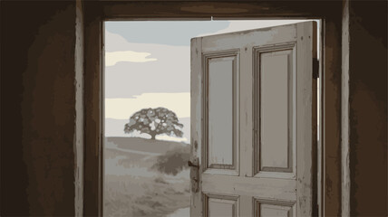 Weathered wooden door open to landscape with tree aged