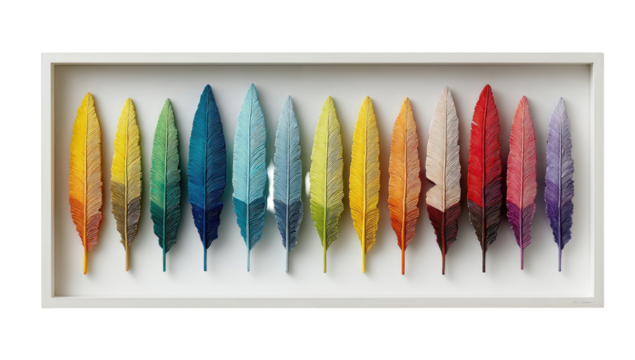 Colorful feather artwork in a white frame