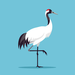 Naklejka premium Japanese red-crowned crane illustration with elegant bird standing gracefully on one leg. Grus japonensis, symbol of longevity, showcases japanese culture.
