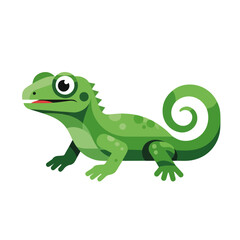 Fototapeta premium Cute cartoon iguana with bright green scales and curled tail on white backdrop. Charming cartoon iguana, an exotic reptile, with funny eyes and adorable posture, drawing attention to its design.