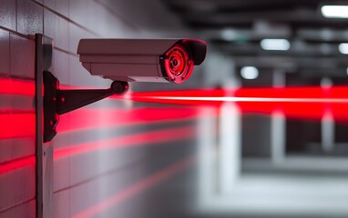 High-tech security camera capturing red laser in a modern environment.