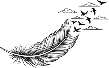 Obraz premium Feather With Birds Flying Out And Clouds flock