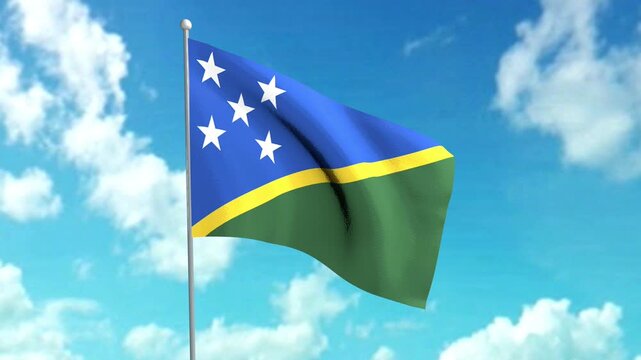 The national flag of the Solomon Islands, fluttering in the wind.