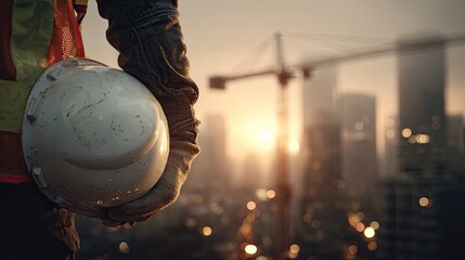 Construction Worker Holding Safety Helmet At Sunrise Cityscape