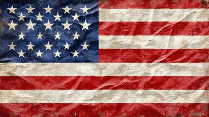 Fototapeta premium Vintage American Flag with Wrinkled Texture, Retro Style, Red, White, Blue Colors, Patriotic Symbol, Independence Day Background, Grunge Aesthetic