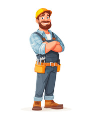 Cartoon construction worker stands proudly with tools at the ready in a bright, cheerful setting