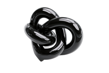 Abstract black knot-like form.  Glossy, smooth, intertwined shapes.  Intricate knot.  Dark, solid color.  3D rendered