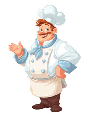 Friendly chef character in a white uniform waving with a smile in a cartoon style illustration