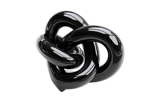 Abstract black knot-like form.  Glossy, smooth, intertwined shapes.  Intricate knot.  Dark, solid color.  3D rendered
