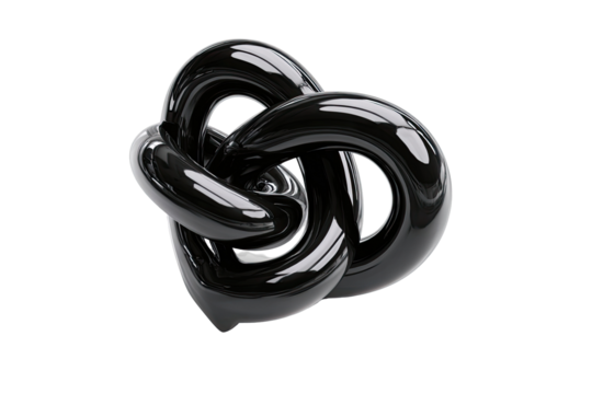 Abstract black knot-like form.  Glossy, smooth, intertwined shapes.  Intricate knot.  Dark, solid color.  3D rendered