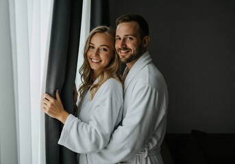 Smiling couple in white robes embracing by window with grey curtains in soft light