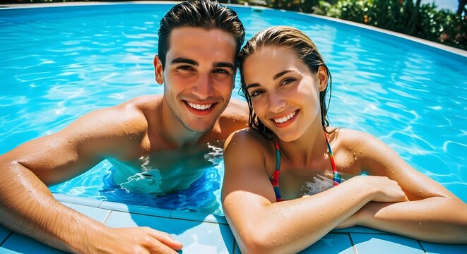 Smiling Couple Relaxing in Blue Swimming Pool on Sunny Day