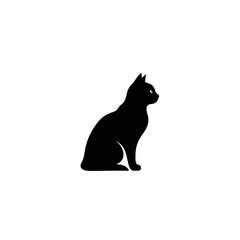 Black cat silhouette sits in profile against white background. Black cat, a spooky symbol, adds a touch of mystery and elegance. Symbolic black cat for Halloween themed designs.