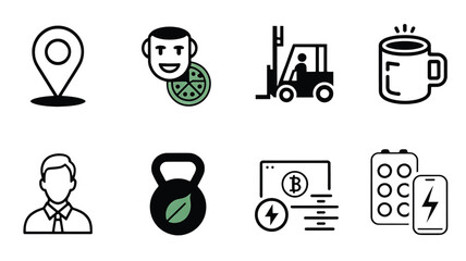 Vector Icon Set Representing Diverse Themes Including Location Food Transportation Workouts and Technology