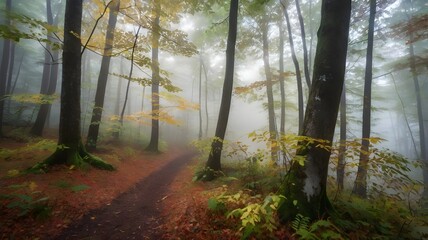 Fototapeta premium Autumn forest with mist
