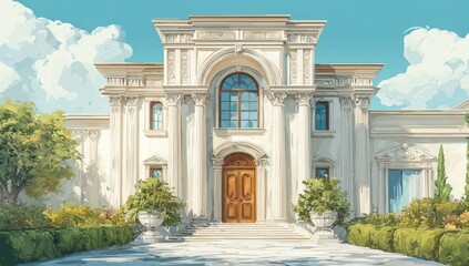 Fototapeta premium Grand, light-beige mansion with columns, archway, and landscaping