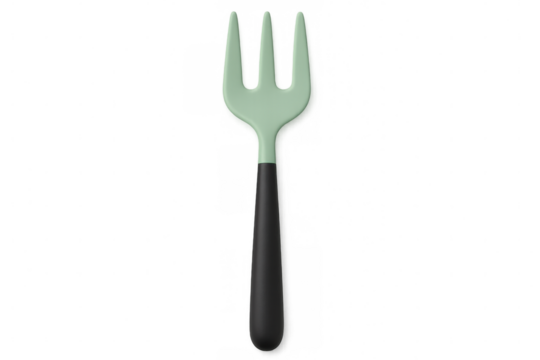 Minimalist 3d-rendered fork in green and black, highlighting sleek culinary design against transparent backdrop