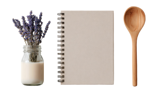 A still life featuring dried lavender sprigs in a small glass jar, beside a blank spiral-bound notebook, and a wooden spoon
