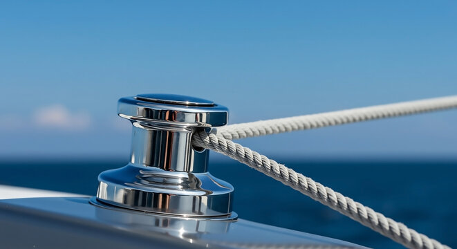Close-up detail of a polished chrome boat winch expertly managing a strong white braided marine rope, reminiscent of a dock line, against a clear blue ocean