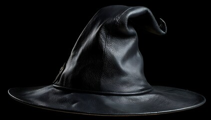 Close-up of a black leather witch hat with a bent tip, isolated on a dark background. The detailed texture and dramatic lighting create a mysterious and magical atmosphere.