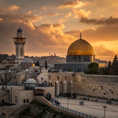 Fototapeta premium An iconic Jerusalem sunset silhouettes the Dome of the Rock, a historic golden mosque and architectural landmark in the ancient city